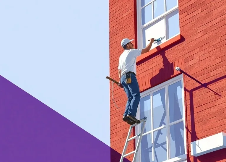 Peintre sur échafaudage traitant la façade d'une maison