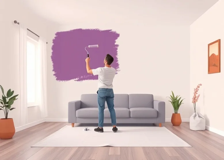 Peintre appliquant la peinture au rouleau sur un mur de salon
